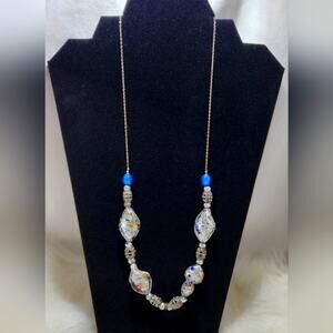 Silver Blue Glass Twisted Bead Necklace Elegant Statement Cocktail Evening Wear